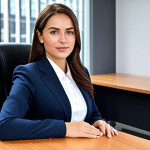 A professional businesswoman in a modest business suit, sitting at a desk in a modern office, fully clothed, appropriate attire, safe for work, perfect anatomy, natural proportions, professional photography, high quality.