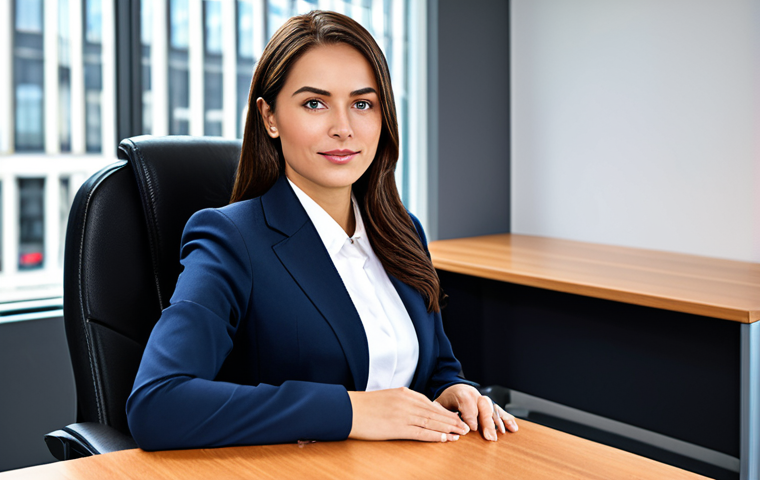 A professional businesswoman in a modest business suit, sitting at a desk in a modern office, fully clothed, appropriate attire, safe for work, perfect anatomy, natural proportions, professional photography, high quality.