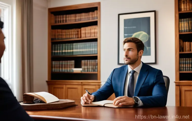 법률사무소의 변호사와 대형 로펌 차이 - **Prompt:** A diverse male lawyer, dressed in a sharp but approachable business suit, is sitting acr...