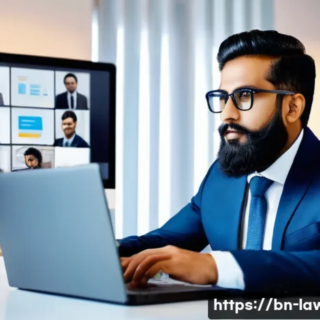 법률 변호사의 직무 변화 사례 - A modern law office setting where a Bengali-speaking lawyer is conducting a digital consultation wit...