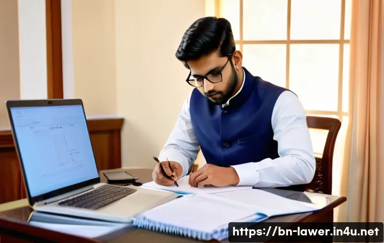 변호사 시험에 출제되는 실기 문제 분석 - A focused Bengali law student in a traditional study room, organizing legal documents and preparing ...