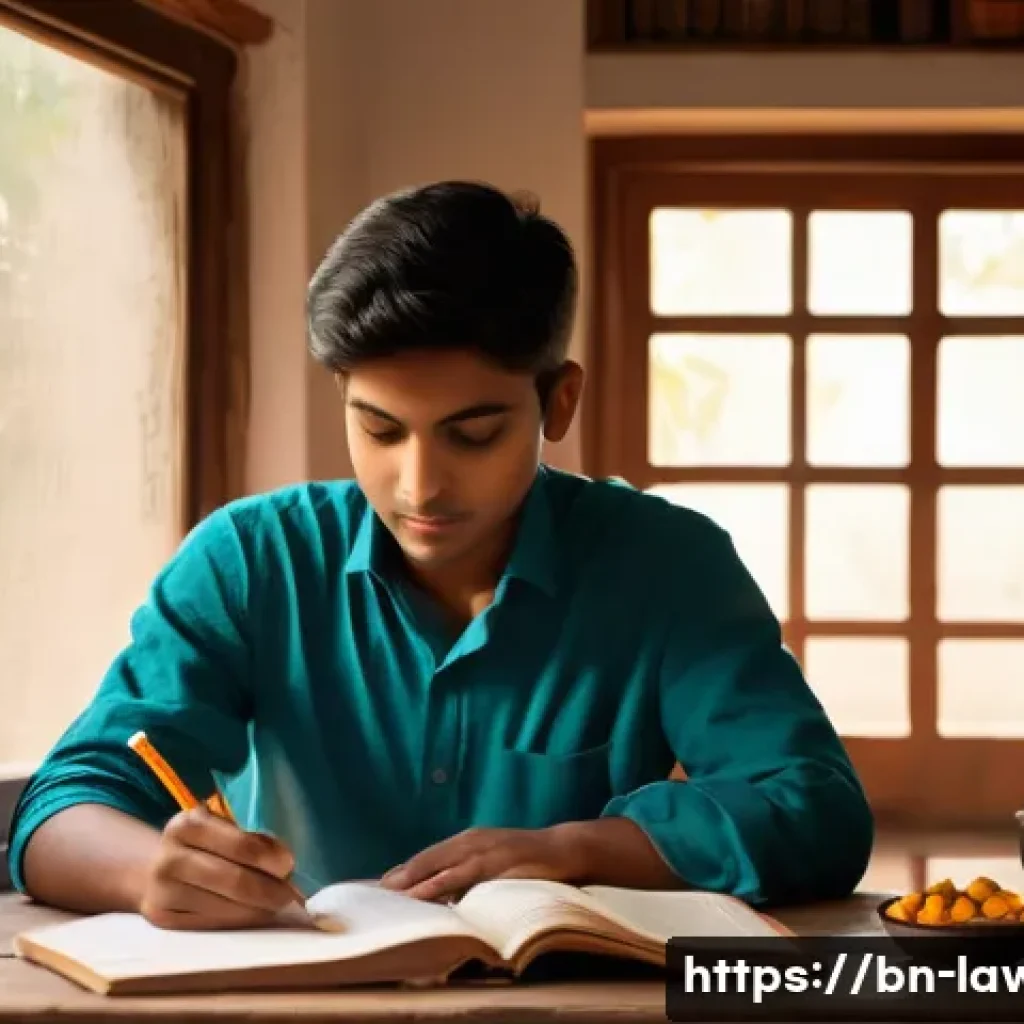 변호사 시험 준비에서의 집중력 향상법 - A focused Bengali student studying in a quiet, well-lit corner of a traditional home, sitting at a n...