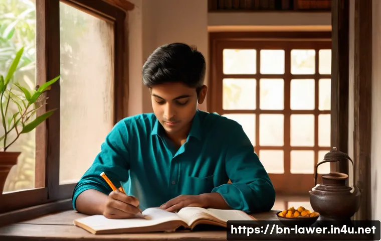 변호사 시험 준비에서의 집중력 향상법 - A focused Bengali student studying in a quiet, well-lit corner of a traditional home, sitting at a n...
