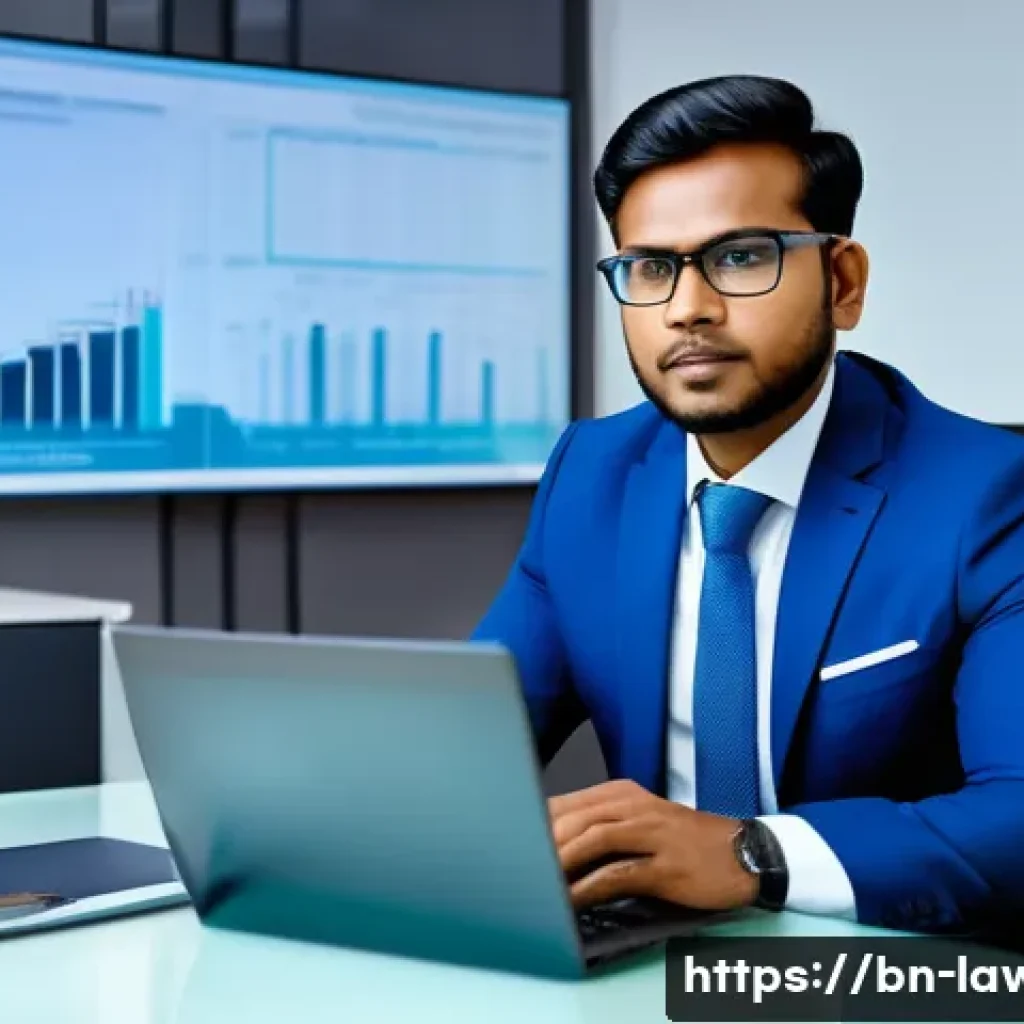 변호사 실무 트렌드 2025 - A professional Bangladeshi lawyer sitting confidently in a modern office, using a laptop with multip...