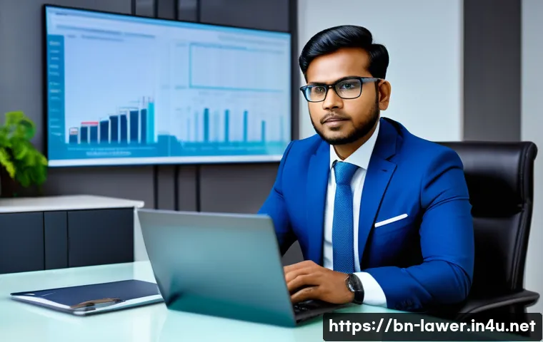 변호사 실무 트렌드 2025 - A professional Bangladeshi lawyer sitting confidently in a modern office, using a laptop with multip...