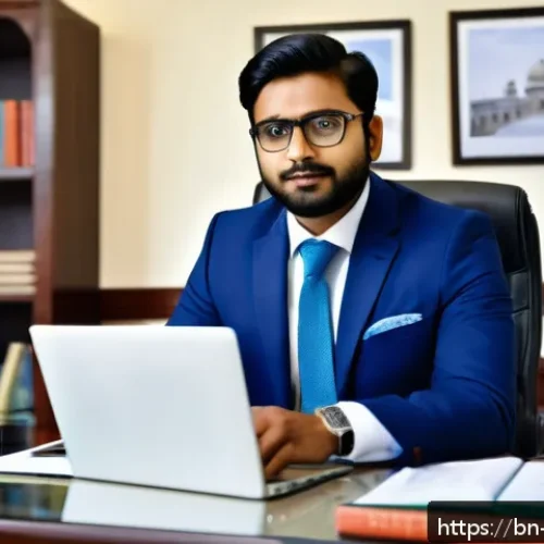 법률 변호사로서의 글로벌 진출 사례 - A professional Bengali lawyer in a modern office setting, engaged in a video conference with interna...