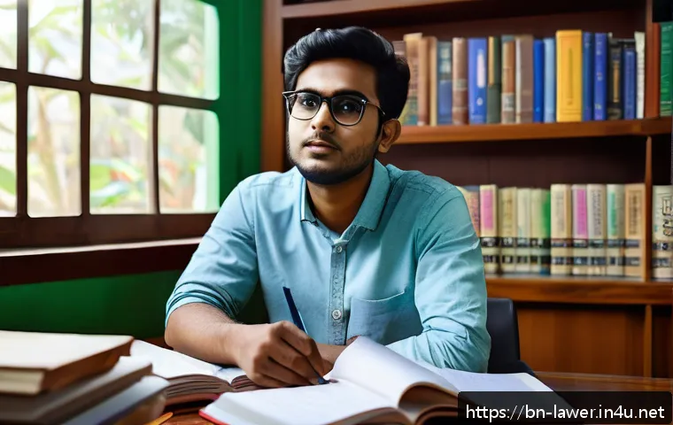 변호사 시험 대비 실전 노하우 - A focused Bengali law student sitting at a wooden desk in a cozy study room, surrounded by open law ...
