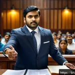변호사 필수 중점 과목 - A professional Bengali lawyer in a modern courtroom setting, wearing formal business attire with a n...