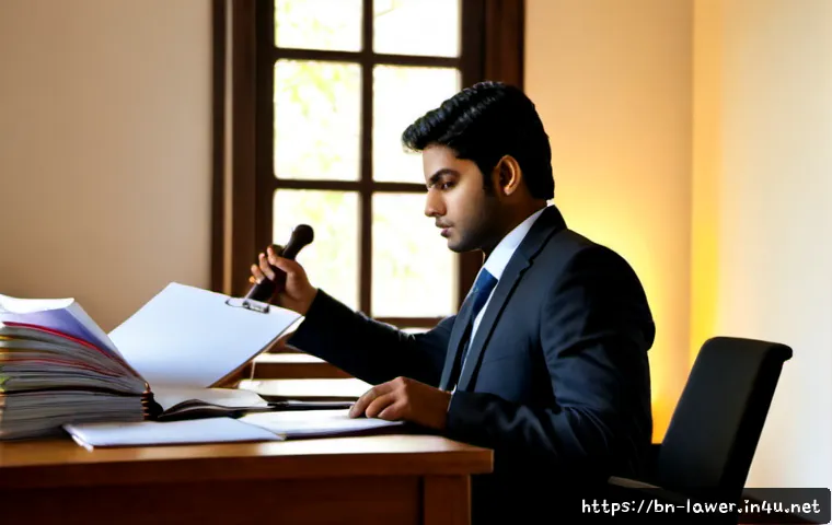 변호사 자격증 취득 후 진로 설계법 - Photorealistic young South Asian legal professional in a neat modern office, thoughtfully arranging ...