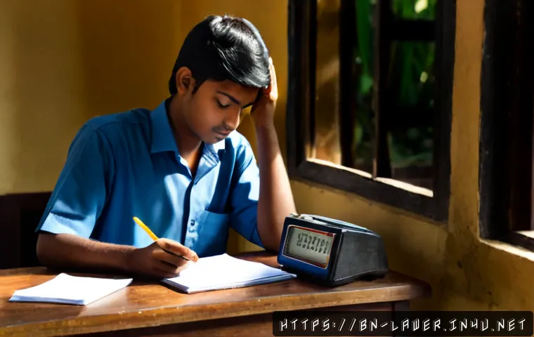 변호사 시험에서 범하는 흔한 실수 - Photorealistic law exam preparation scene in Bangladesh, anxious young adult student seated at a cle...